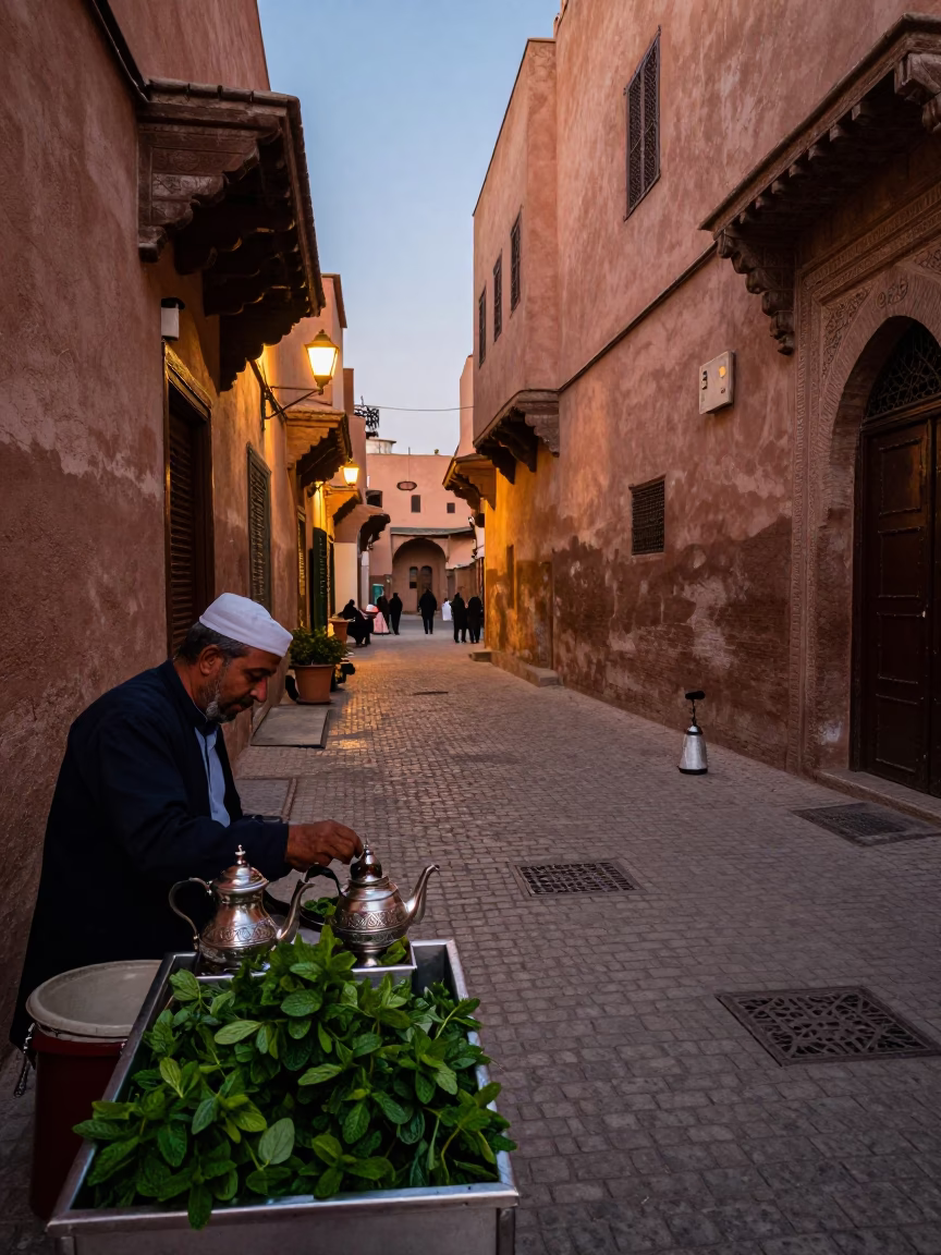Street Scene in Marrakech at The Early Evening Light in in Marrakech, Morocco