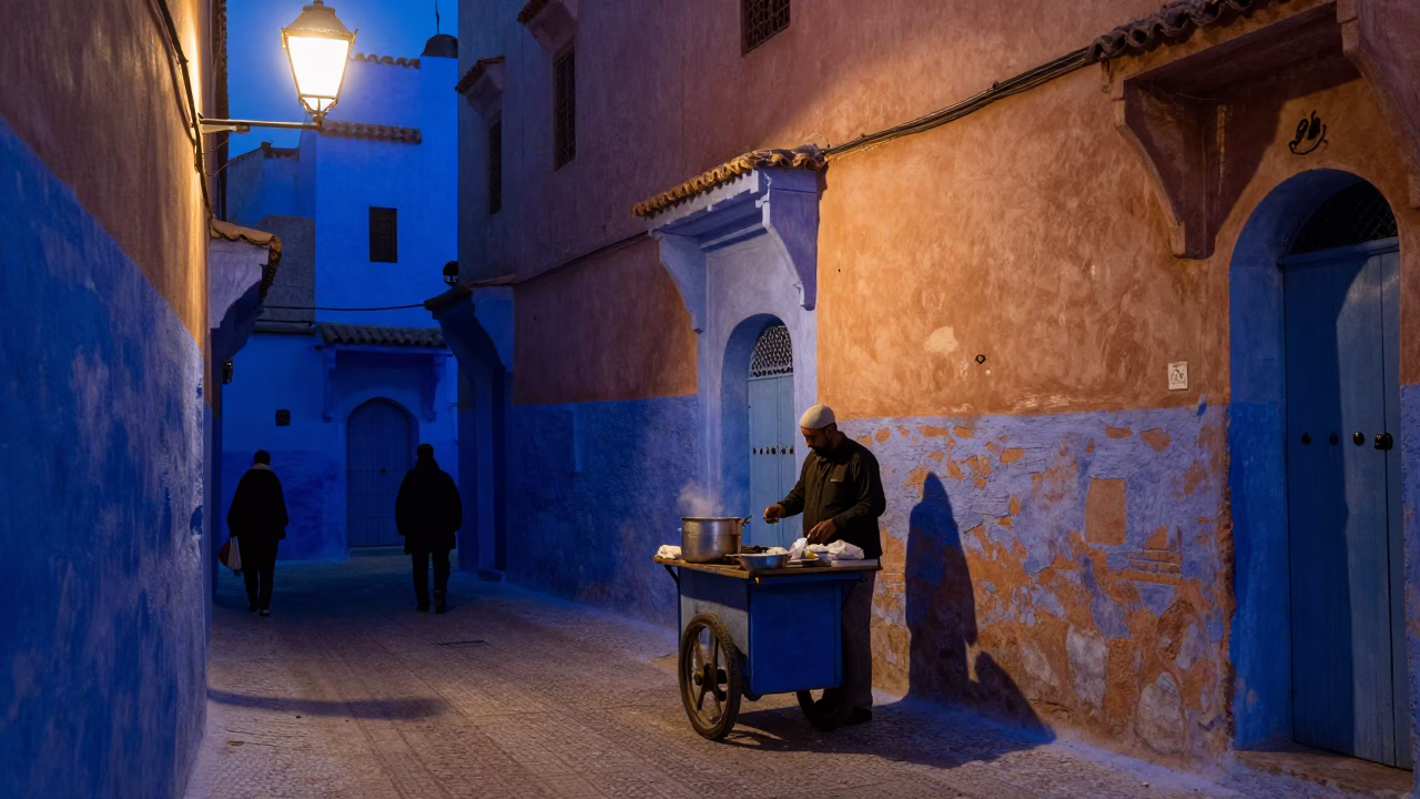 Street Scene in Marrakech at The Last Blue Light Of Evening in in Marrakech, Morocco