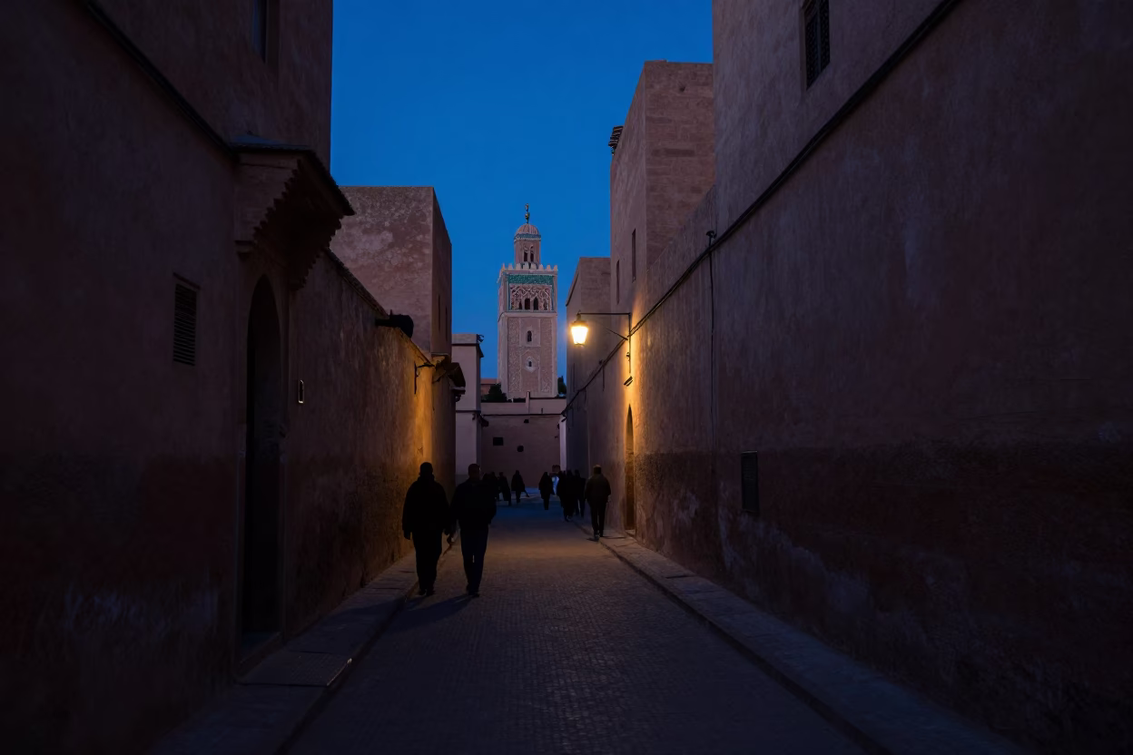 Street Scene in Marrakech at The Predawn Darkness Light in in Marrakech, Morocco