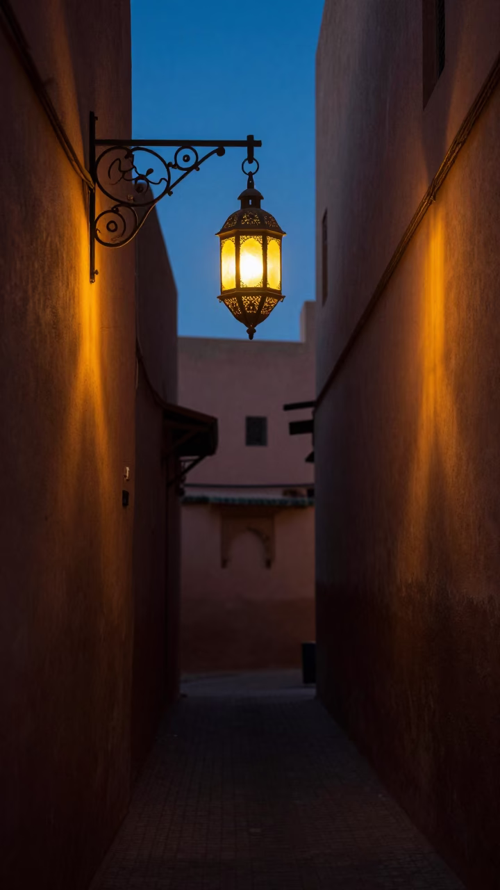 Street Scene in Marrakech at The Predawn Darkness Light in in Marrakech, Morocco
