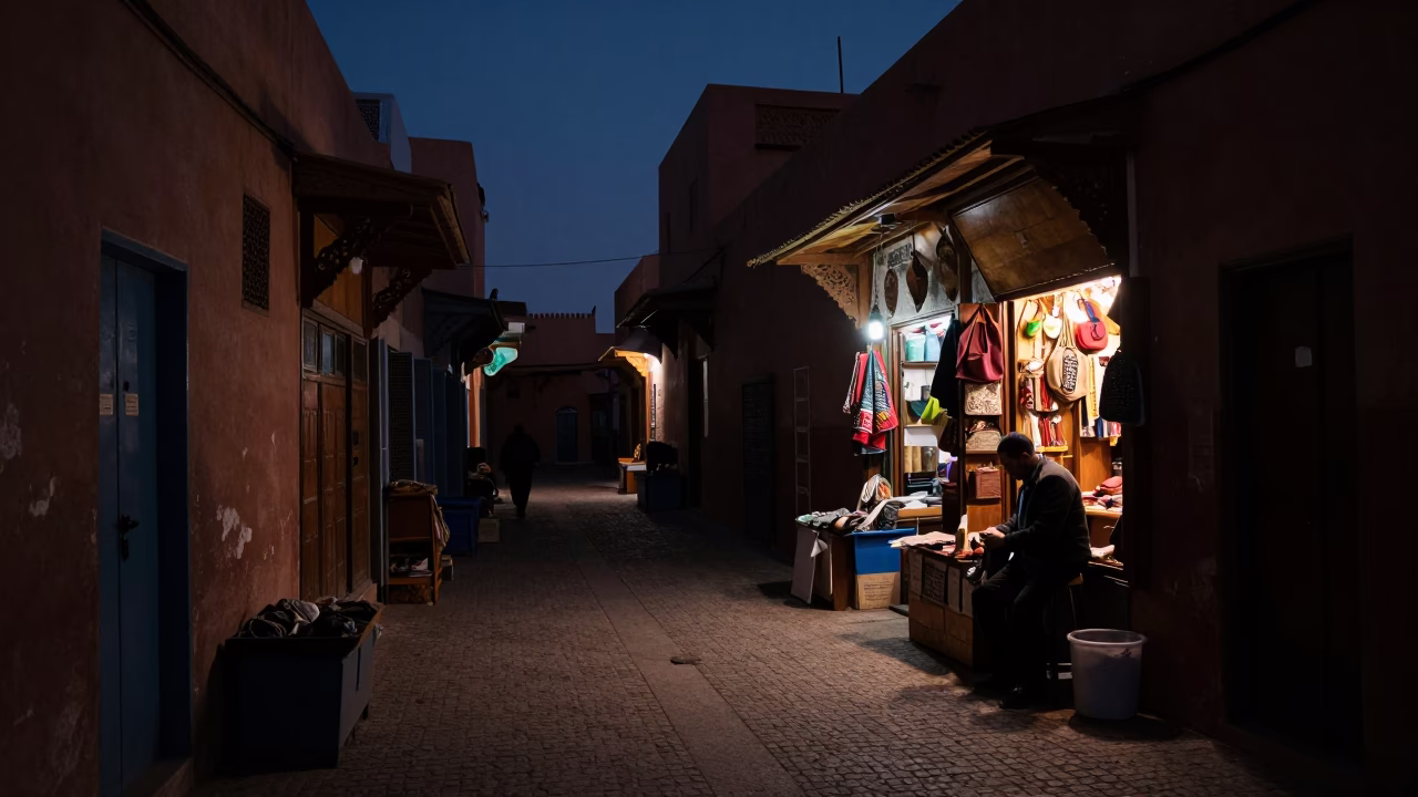 Street Scene in Marrakech at The Predawn Darkness Light in in Marrakech, Morocco
