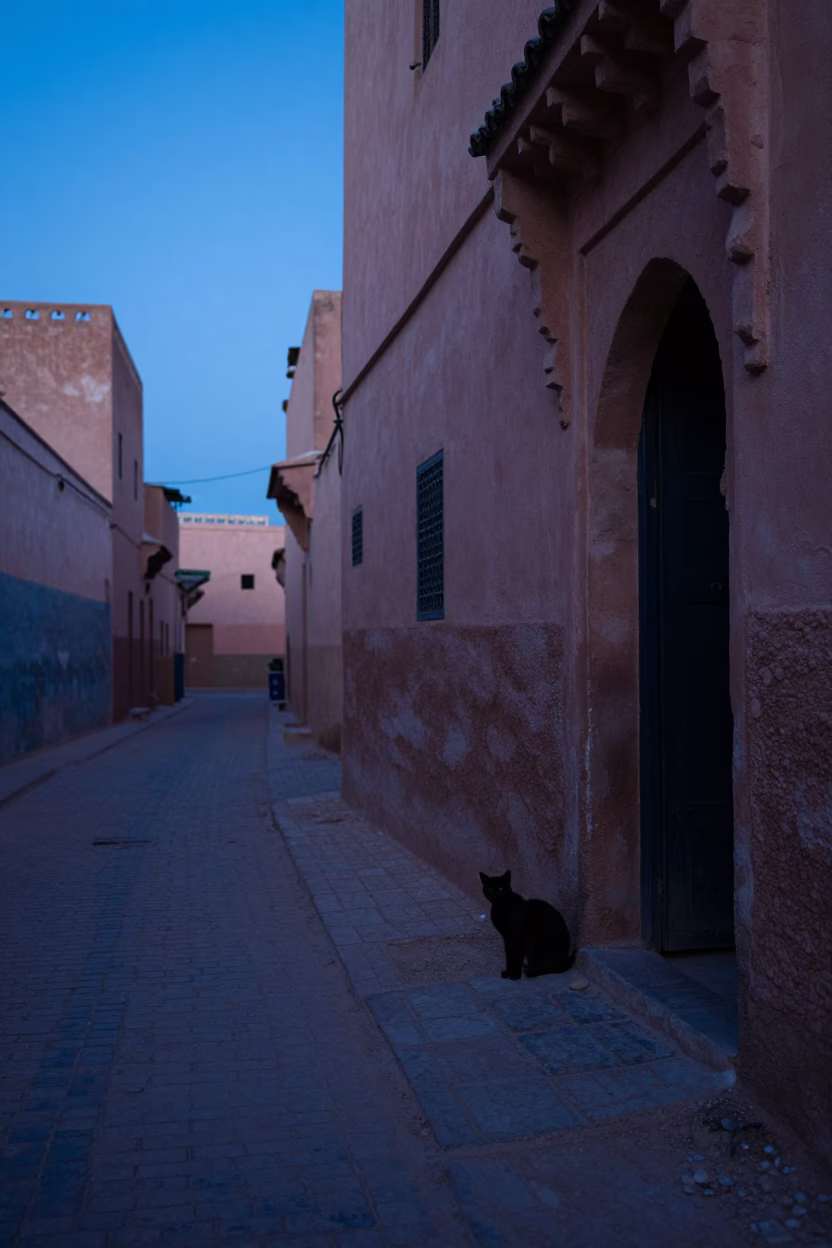 Street Scene in Marrakech at The Still Hours Before Dawn Light in in Marrakech, Morocco