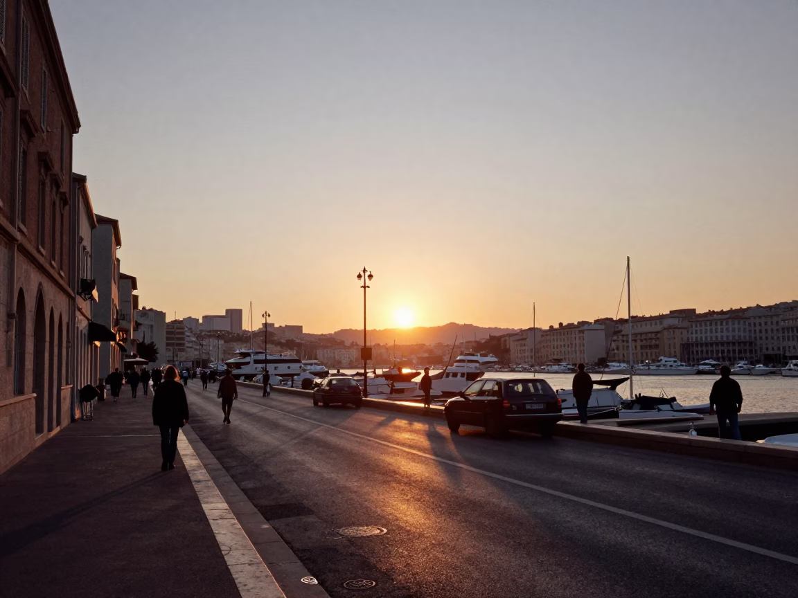 Street Scene in Marseille at As The Sun Drops Toward The Horizon in in Marseille, France