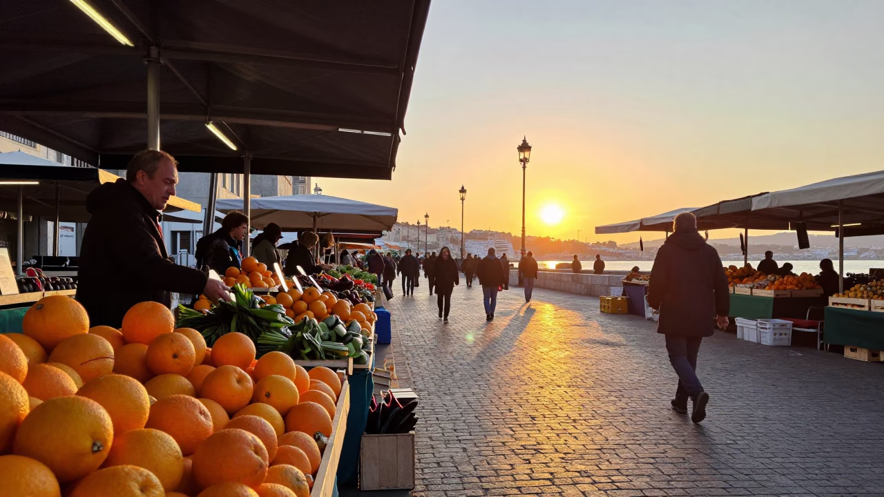 Street Scene in Marseille at As The Sun Drops Toward The Horizon in in Marseille, France