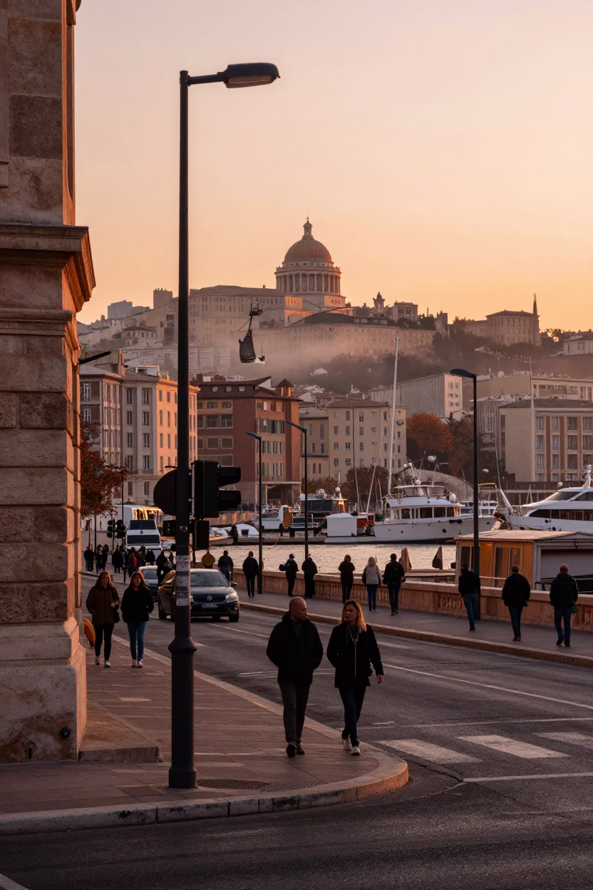 Street Scene in Marseille at Copper-toned Light Before Dusk in in Marseille, France