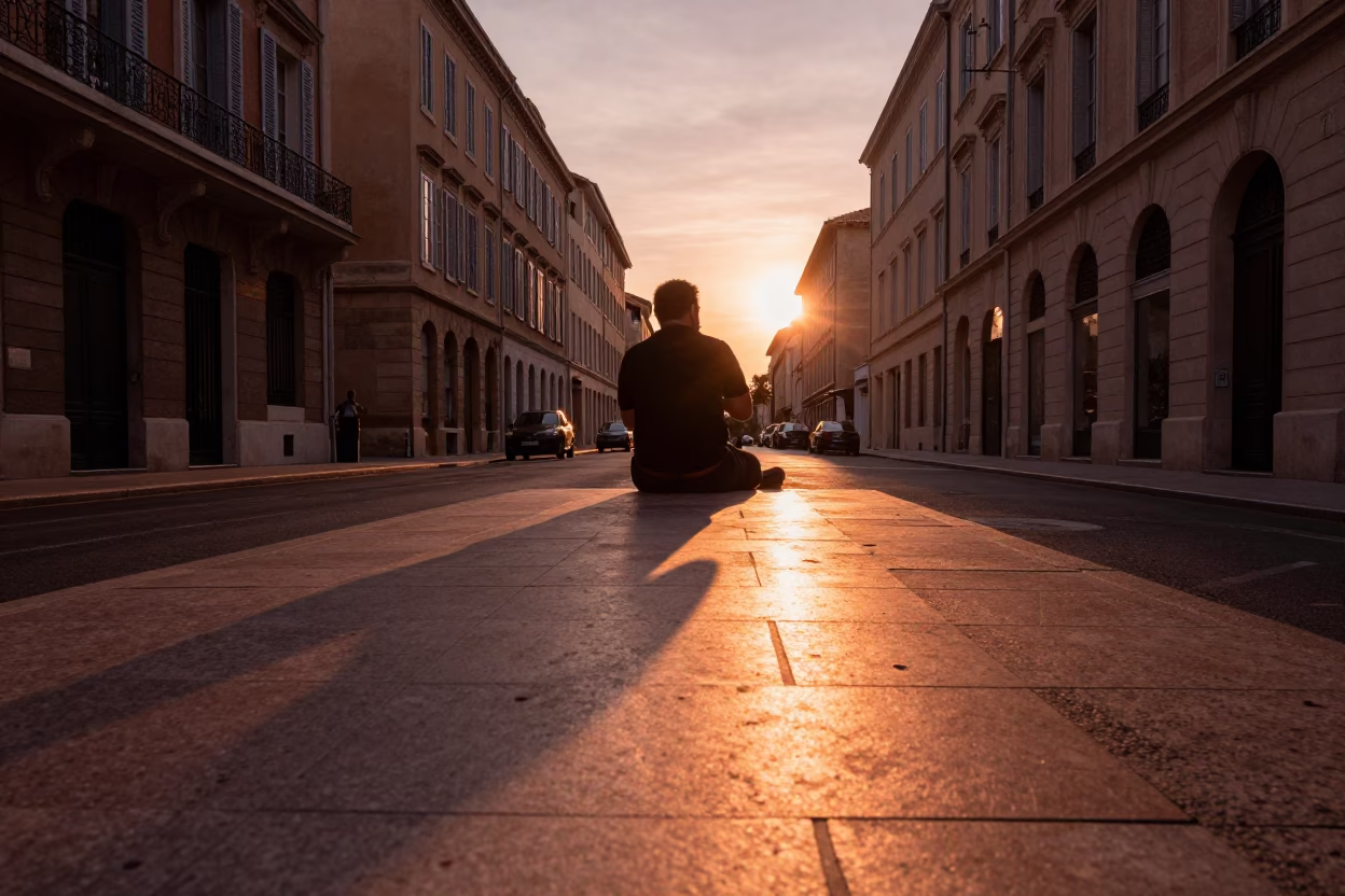 Street Scene in Marseille at Copper-toned Light Before Dusk in in Marseille, France