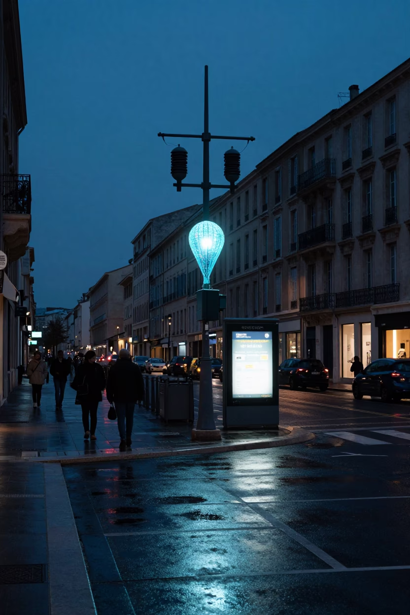 Street Scene in Marseille at The Predawn Darkness Light in in Marseille, France