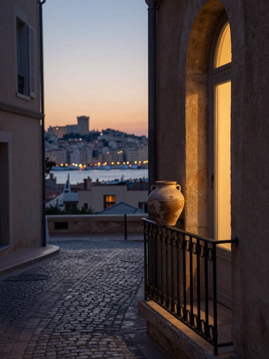 Street Scene in Marseille at The Still Hours Before Dawn Light in in Marseille, France
