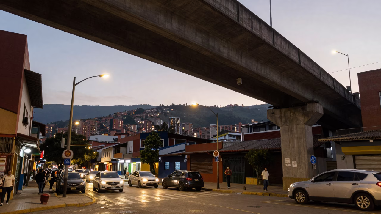 Street Scene in Medellin at As City Lights Begin To Glow in in Medellin, Colombia