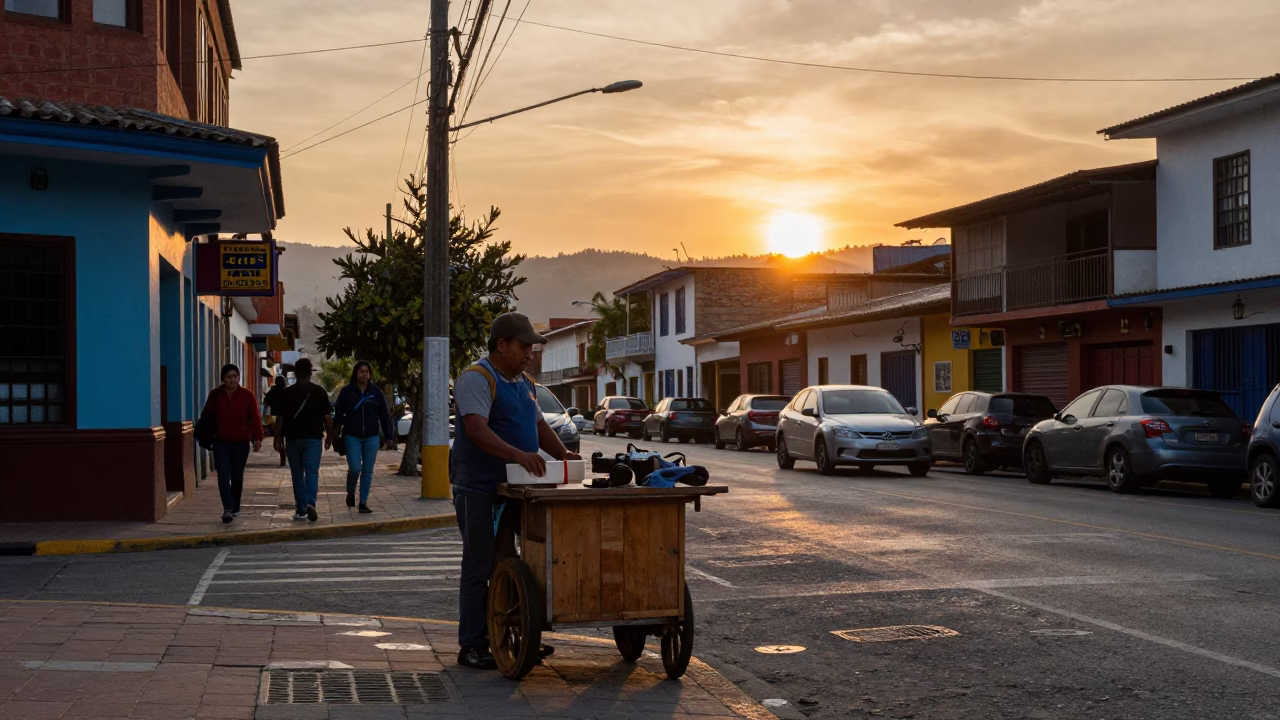 Street Scene in Medellin at As The Sun Drops Toward The Horizon in in Medellin, Colombia