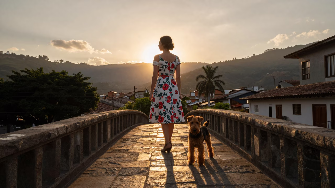 Street Scene in Medellin at Honeyed Evening Light in in Medellin, Colombia