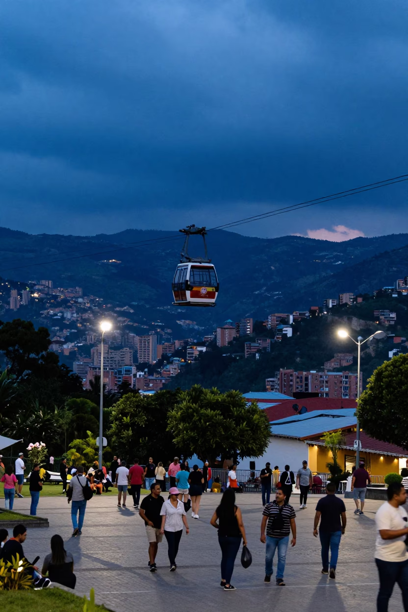 Street Scene in Medellin at Indigo Twilight After Sunset in in Medellin, Colombia