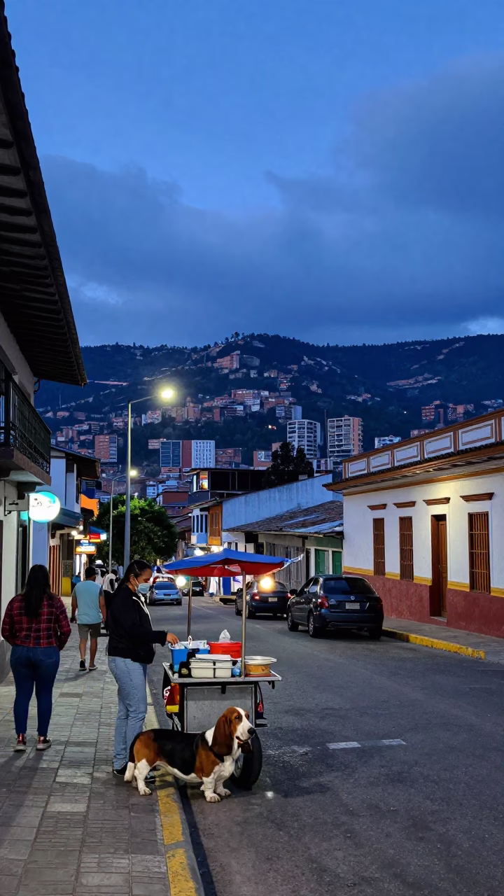 Street Scene in Medellin at Indigo Twilight After Sunset in in Medellin, Colombia