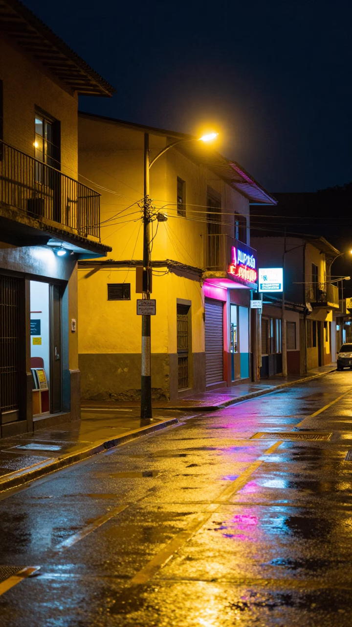 Street Scene in Medellin at Midnight Light in in Medellin, Colombia