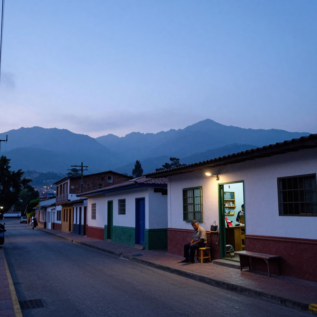 Street Scene in Medellin at Nautical Dawn Light in in Medellin, Colombia