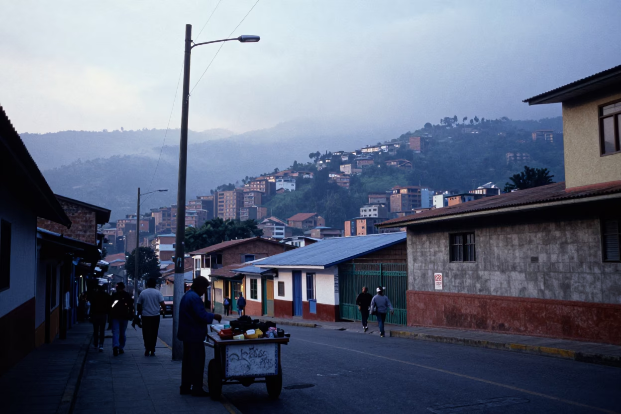 Street Scene in Medellin at Nautical Dawn Light in in Medellin, Colombia