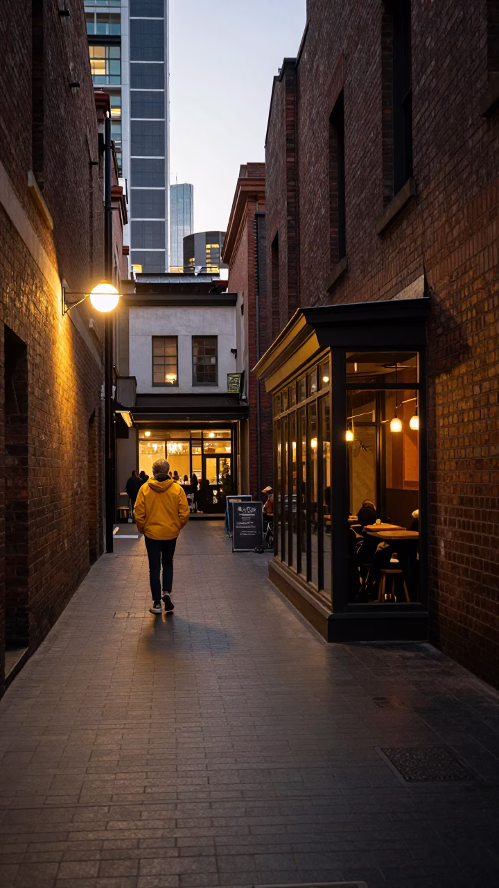 Street Scene in Melbourne at As City Lights Begin To Glow in in Melbourne, Victoria, Australia