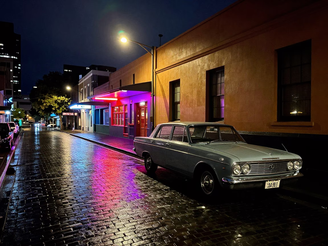 Street Scene in Melbourne at Midnight Light in in Melbourne, Victoria, Australia