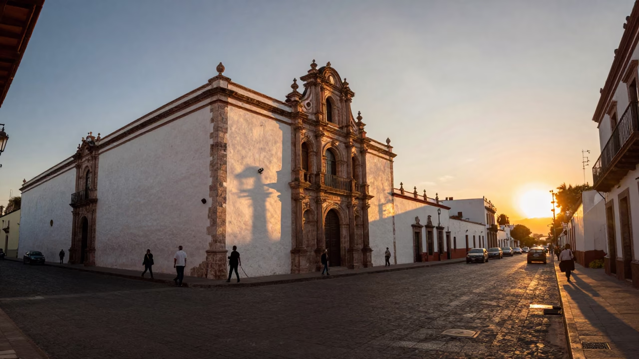 Street Scene in Merida at As The Sun Drops Toward The Horizon in in Merida, Mexico