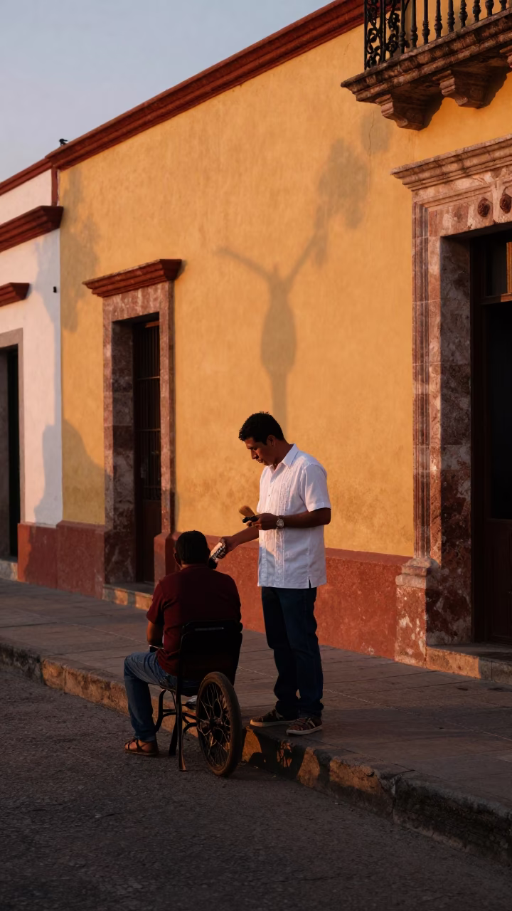 Street Scene in Merida at Copper-toned Light Before Dusk in in Merida, Mexico