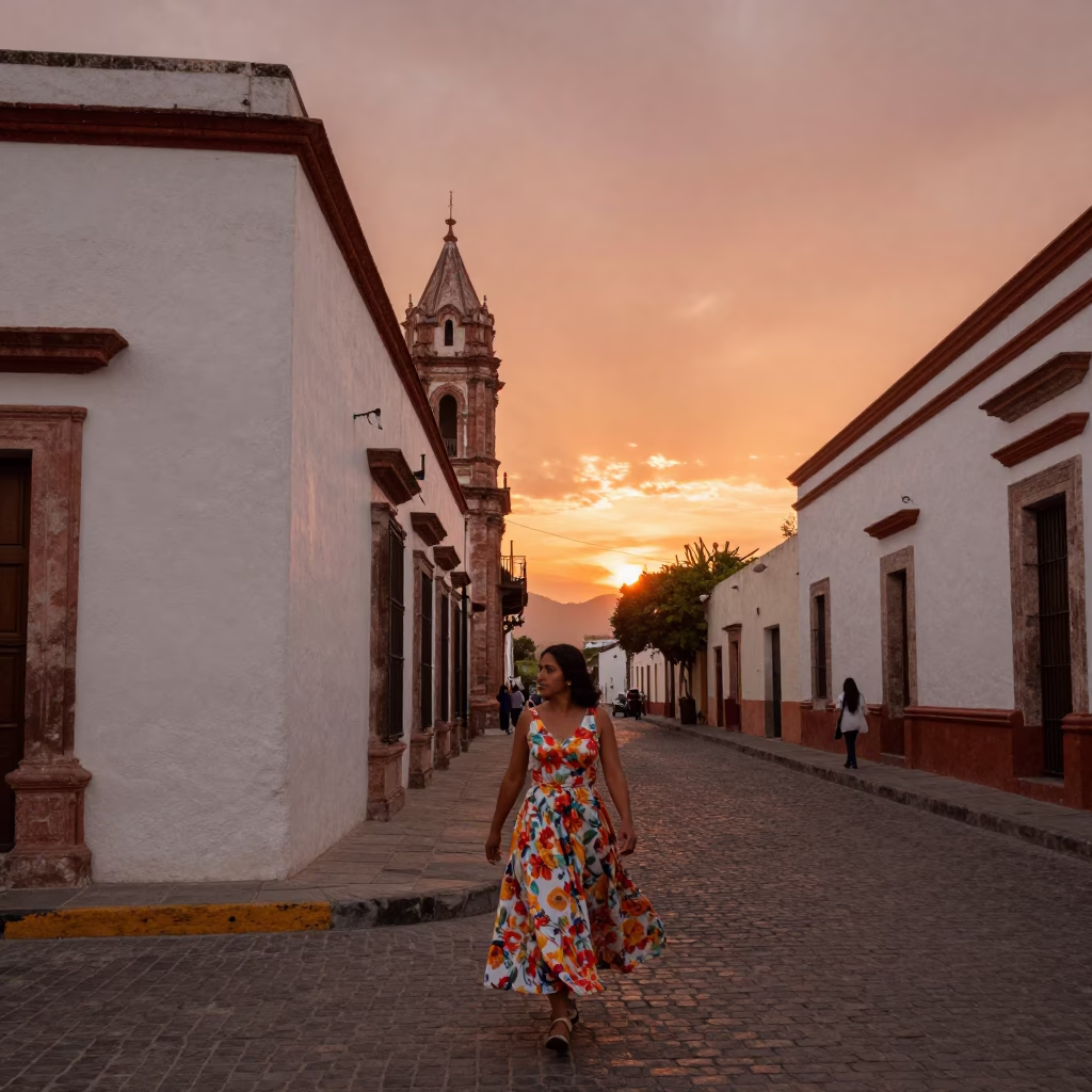 Street Scene in Merida at Copper-toned Light Before Dusk in in Merida, Mexico