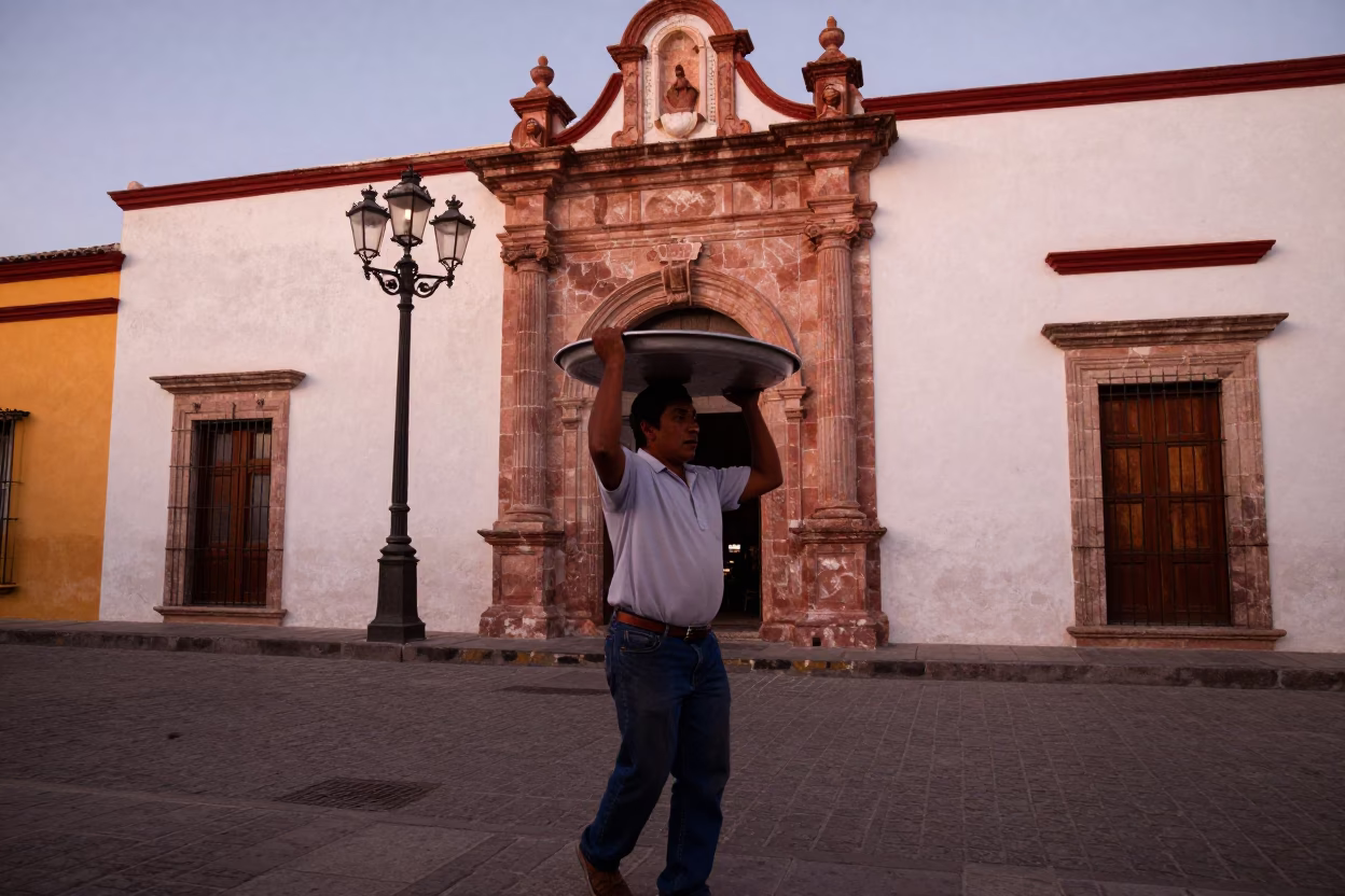 Street Scene in Merida at Copper-toned Light Before Dusk in in Merida, Mexico