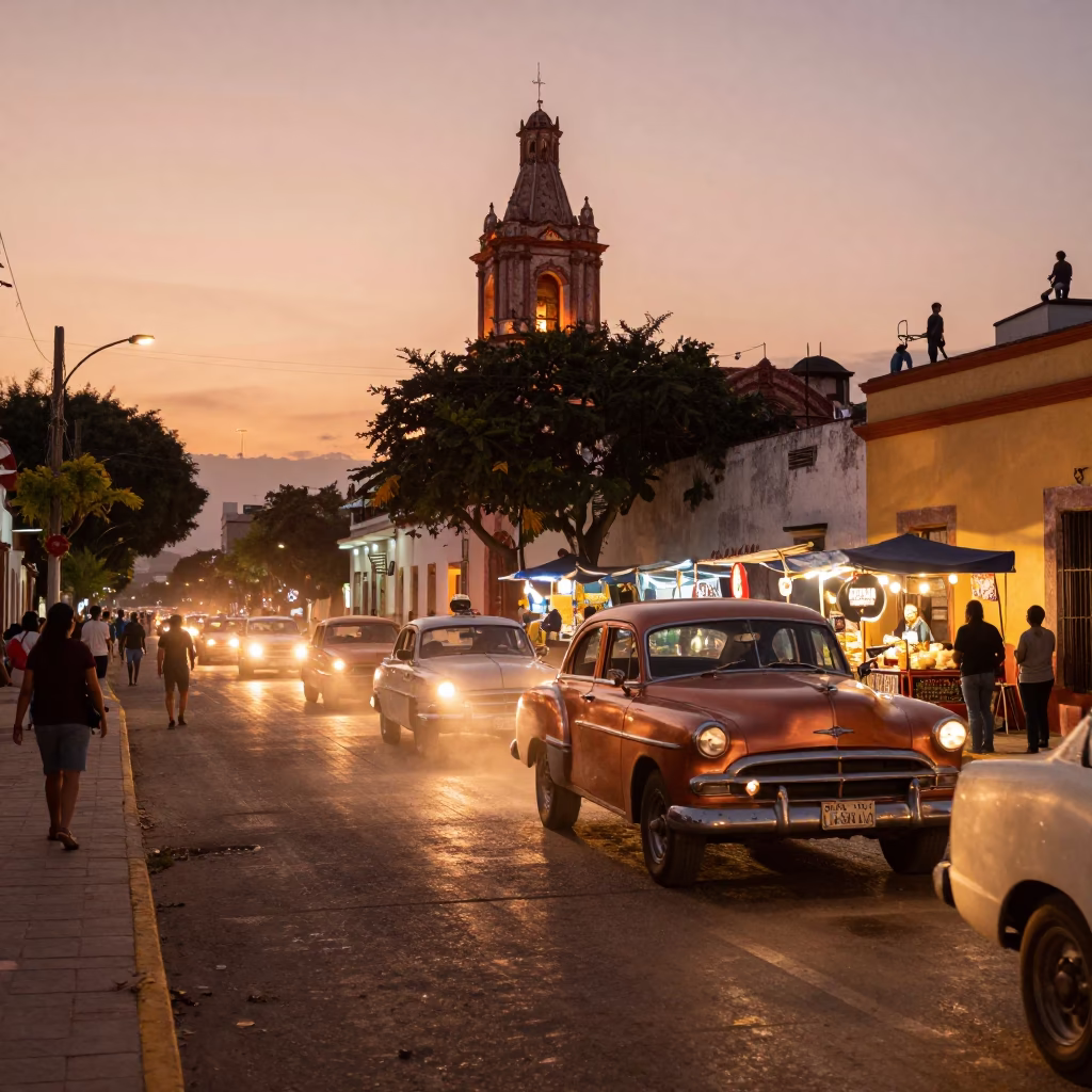 Street Scene in Merida at Copper-toned Light Before Dusk in in Merida, Mexico