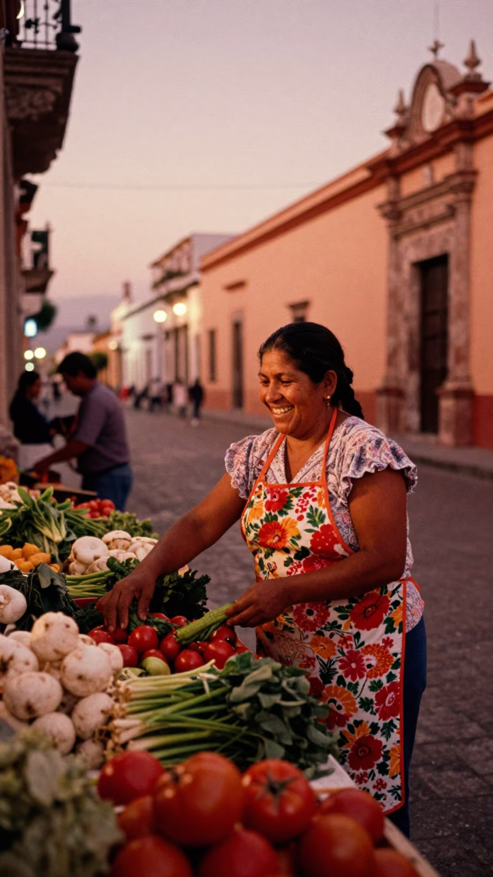 Street Scene in Merida at Copper-toned Light Before Dusk in in Merida, Mexico