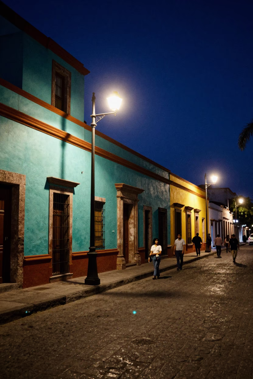 Street Scene in Merida at Deep In The Night Light in in Merida, Mexico