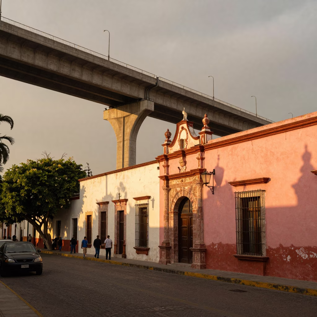 Street Scene in Merida at Honeyed Evening Light in in Merida, Mexico