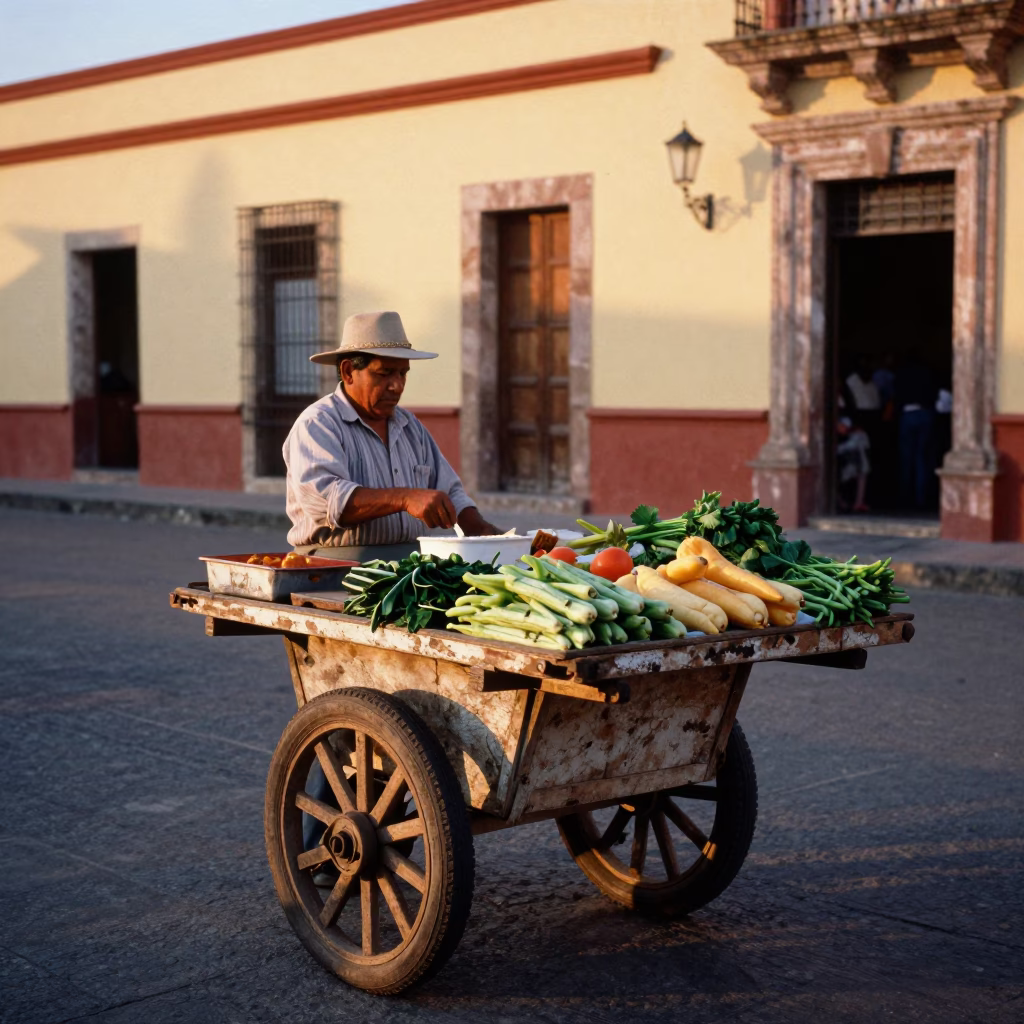 Street Scene in Merida at Honeyed Evening Light in in Merida, Mexico