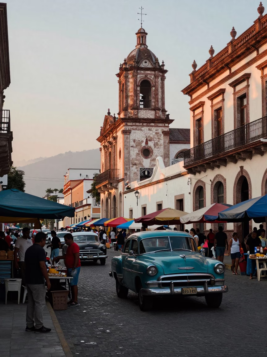 Street Scene in Merida at Nautical Dawn Light in in Merida, Mexico
