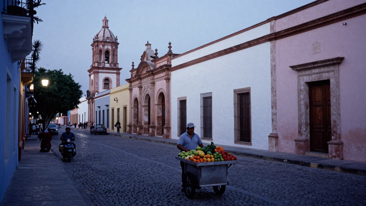 Street Scene in Merida at Nautical Dawn Light in in Merida, Mexico