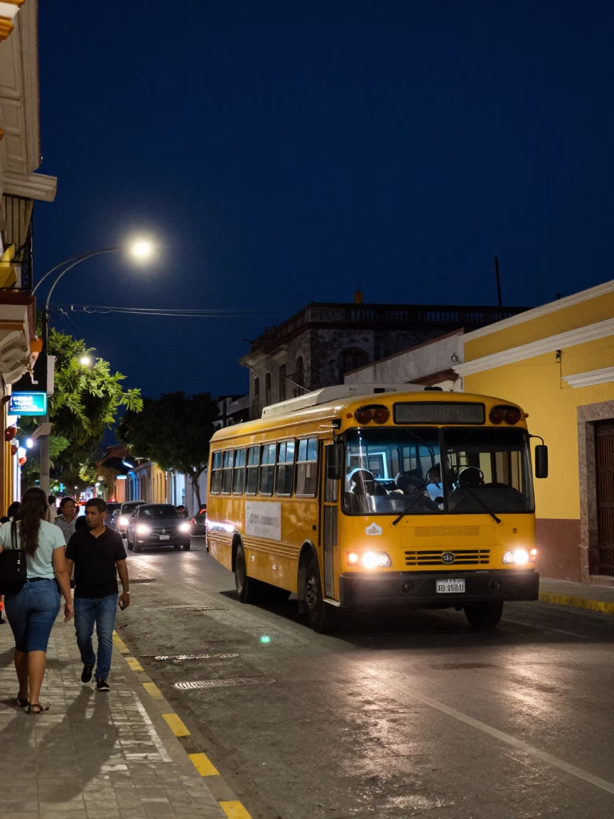 Street Scene in Merida at The Deepest Night Sky Light in in Merida, Mexico