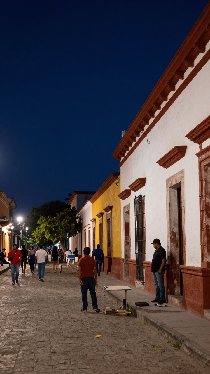Street Scene in Merida at The Deepest Night Sky Light in in Merida, Mexico