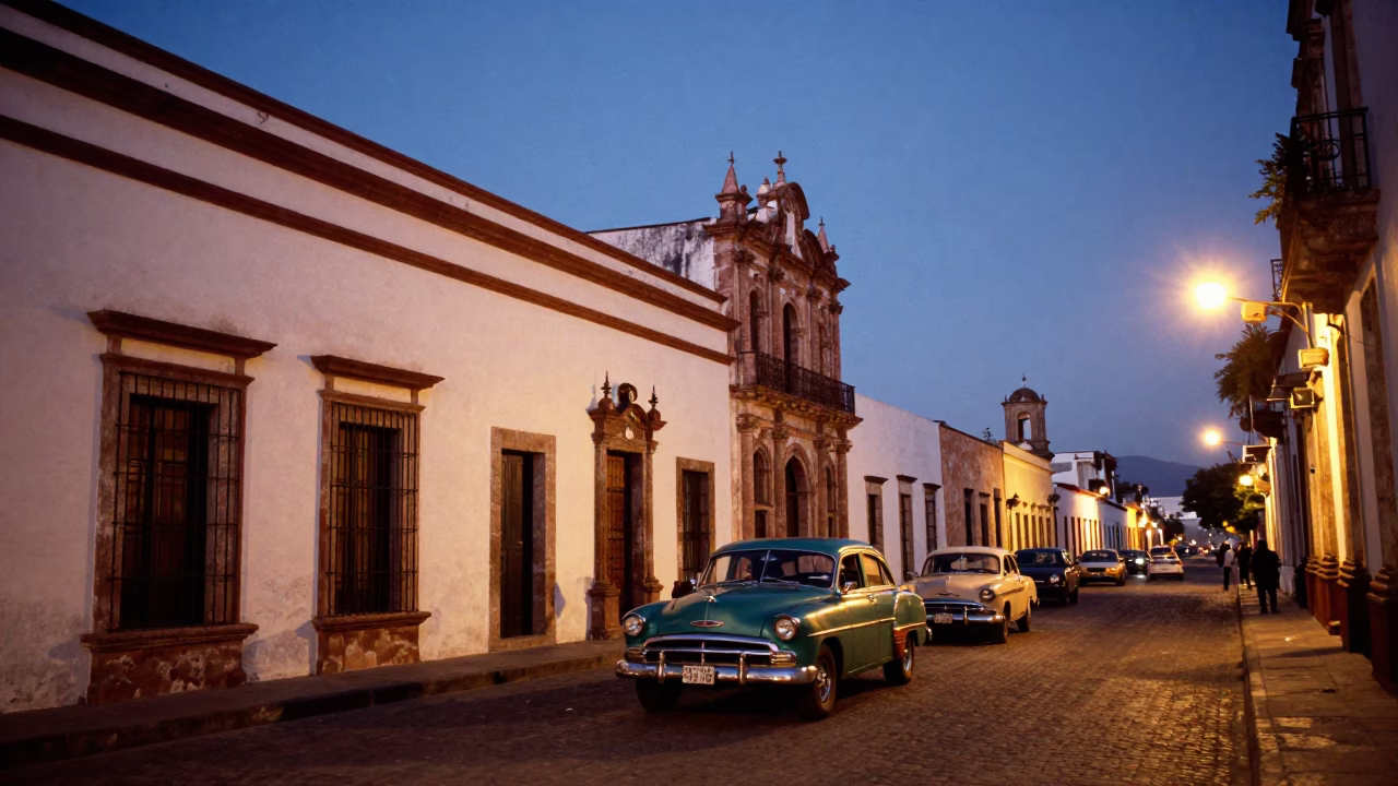 Street Scene in Merida at Twilight in in Merida, Mexico