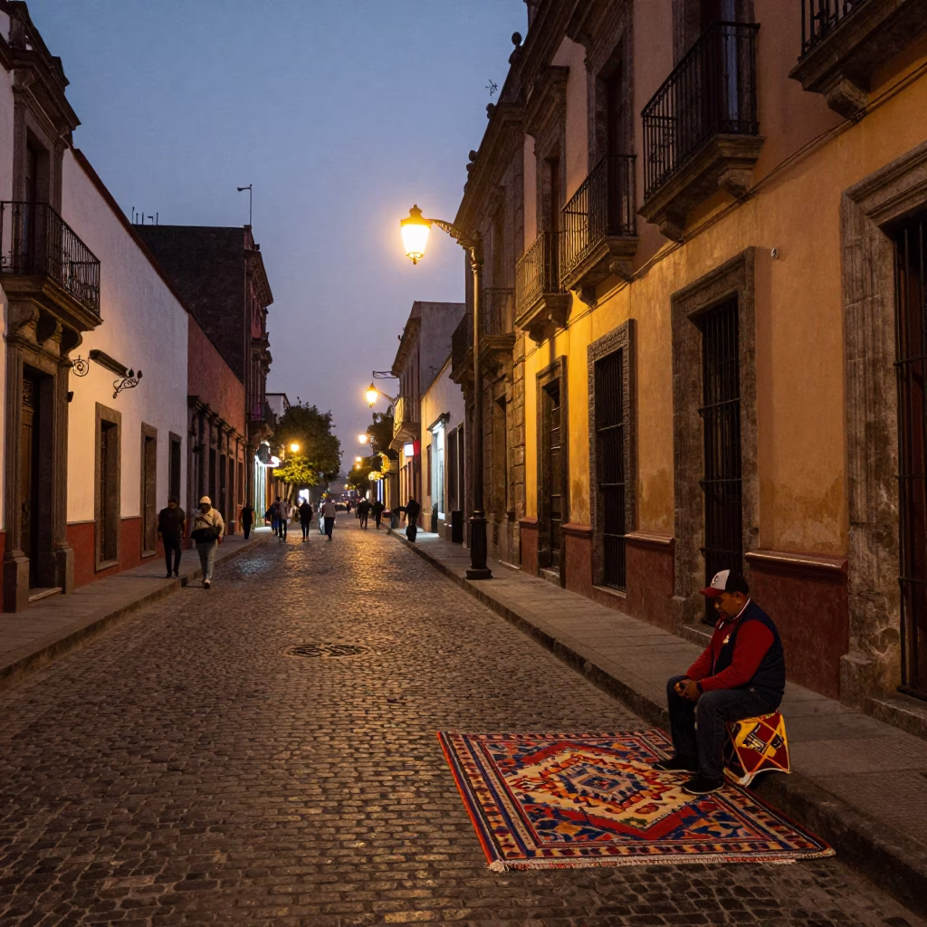 Street Scene in Mexico City at As City Lights Begin To Glow in in Mexico City, Mexico