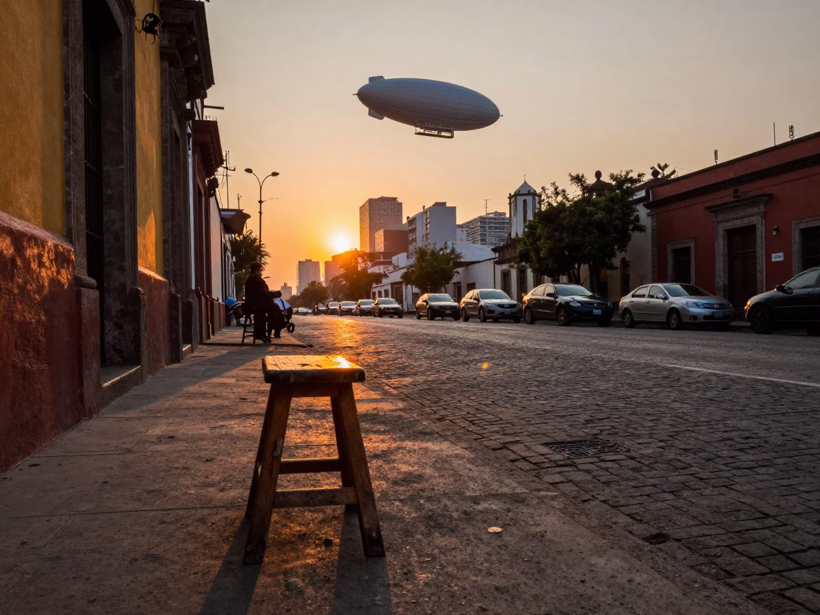 Street Scene in Mexico City at As The Sun Drops Toward The Horizon in in Mexico City, Mexico