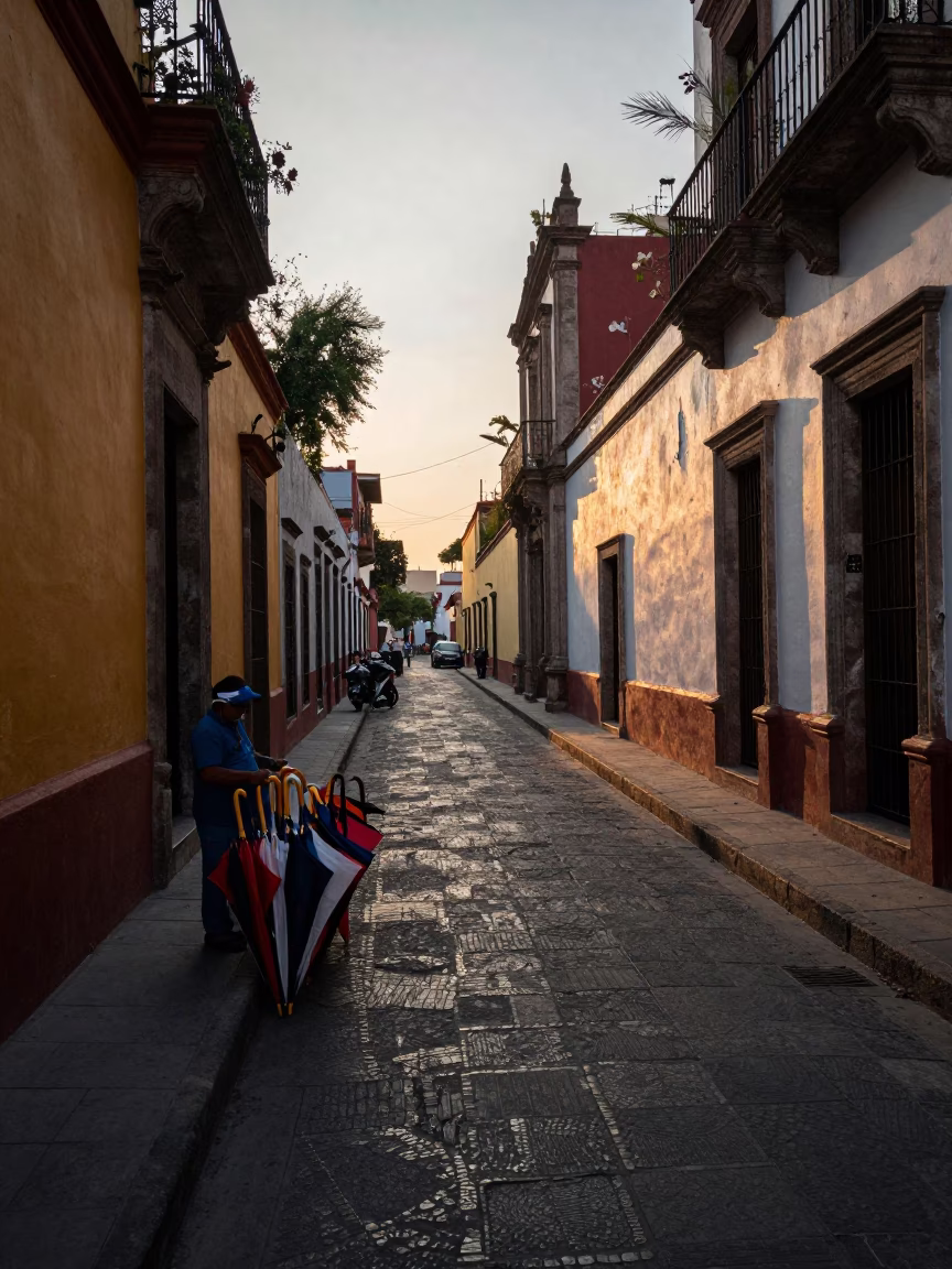 Street Scene in Mexico City at First Light Of Dawn in in Mexico City, Mexico