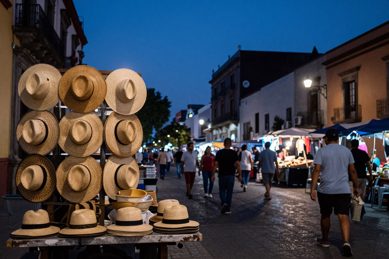 Street Scene in Mexico City at Indigo Twilight After Sunset in in Mexico City, Mexico