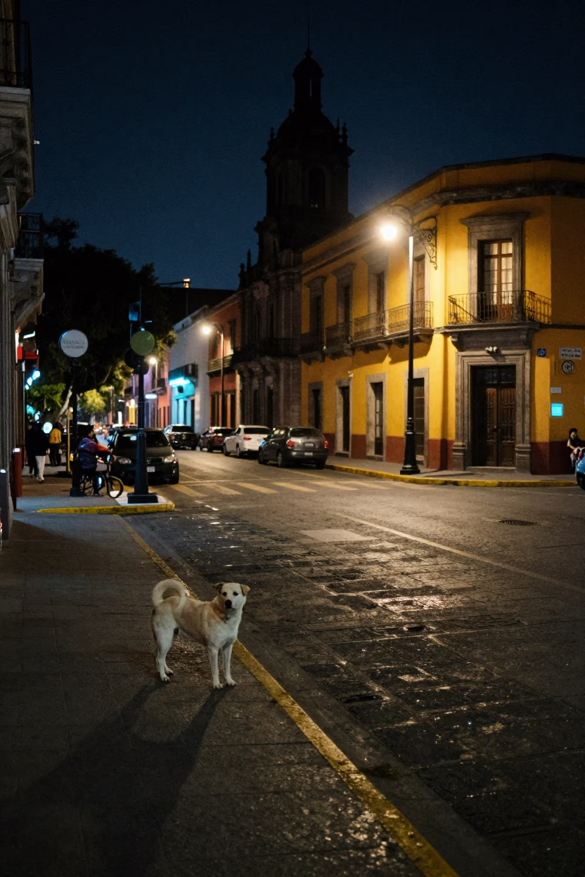 Street Scene in Mexico City at Midnight Light in in Mexico City, Mexico