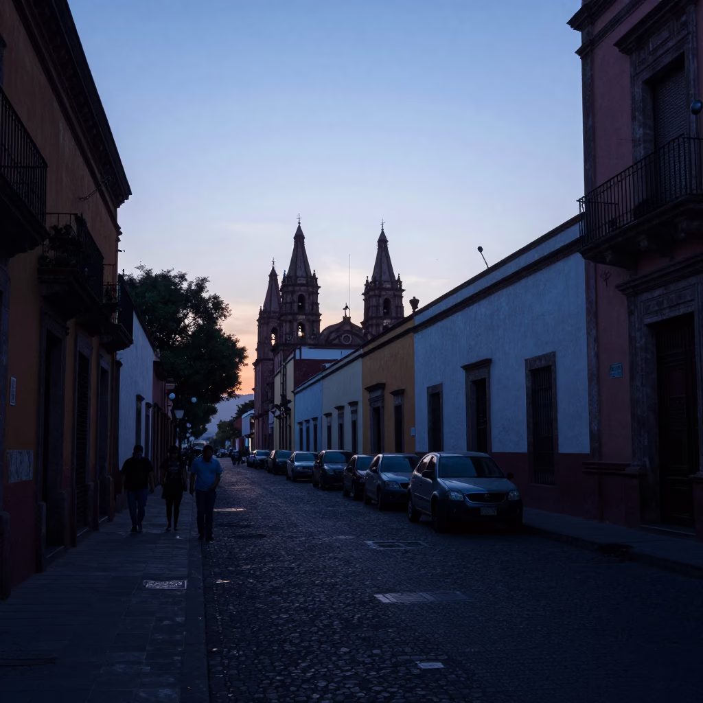 Street Scene in Mexico City at Sunrise Light in in Mexico City, Mexico