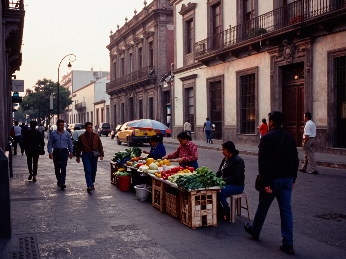 Street Scene in Mexico City at The Early Morning Light in in Mexico City, Mexico