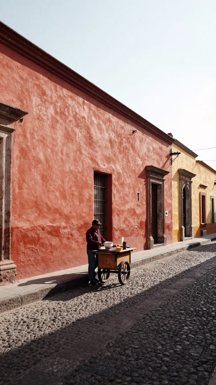 Street Scene in Mexico City Early Afternoon with Mole Poblano Plate and Bull Terrier in in Mexico City, Mexico