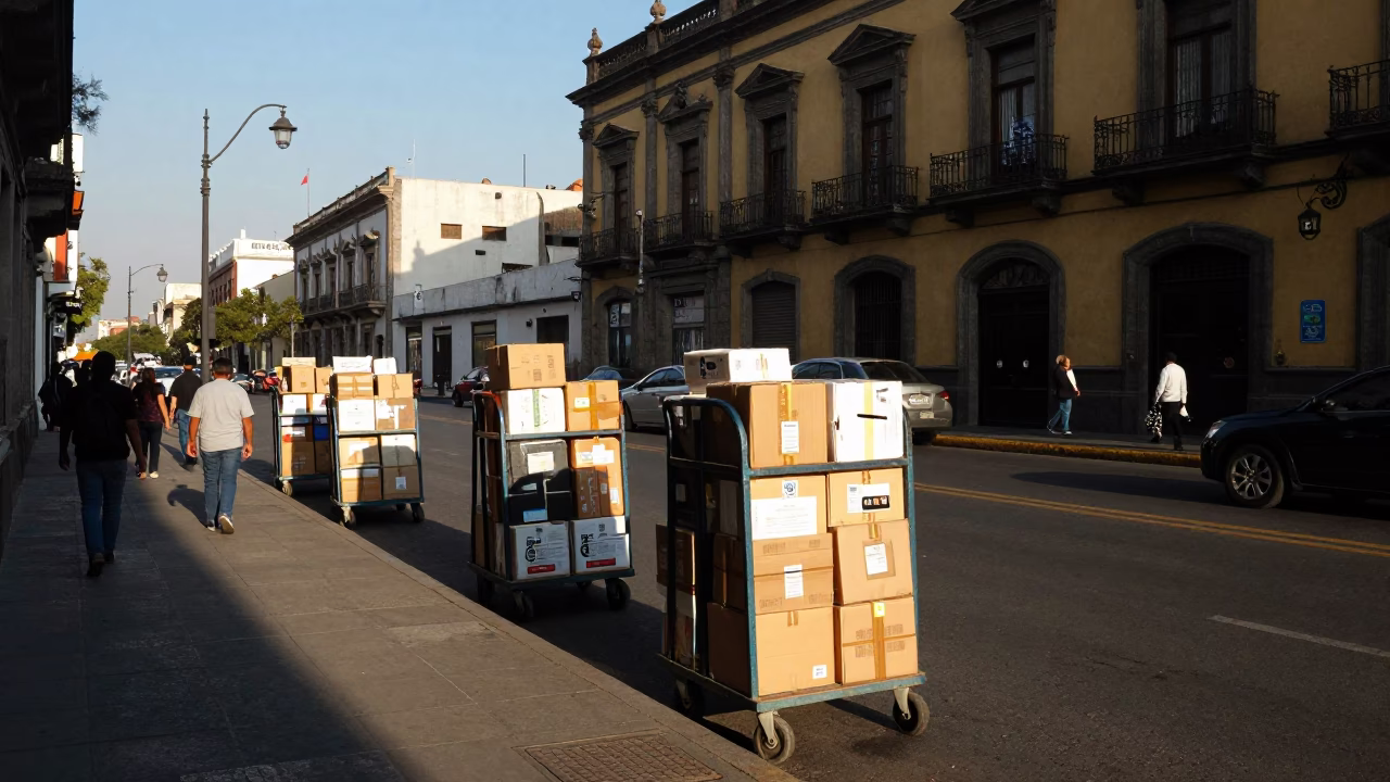 Street Scene in Mexico City Late Afternoon Light with Classroom Supplies and Rolling Carts in in Mexico City, Mexico