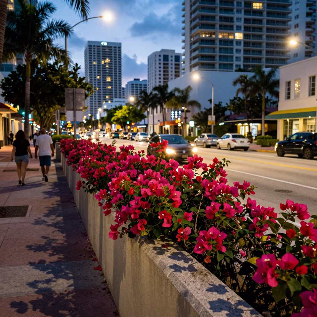 Street Scene in Miami at As City Lights Begin To Glow in in Miami, Florida, United States