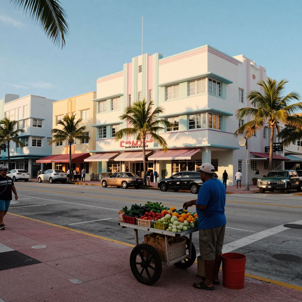Street Scene in Miami at As First Light Reaches The Scene in in Miami, Florida, United States