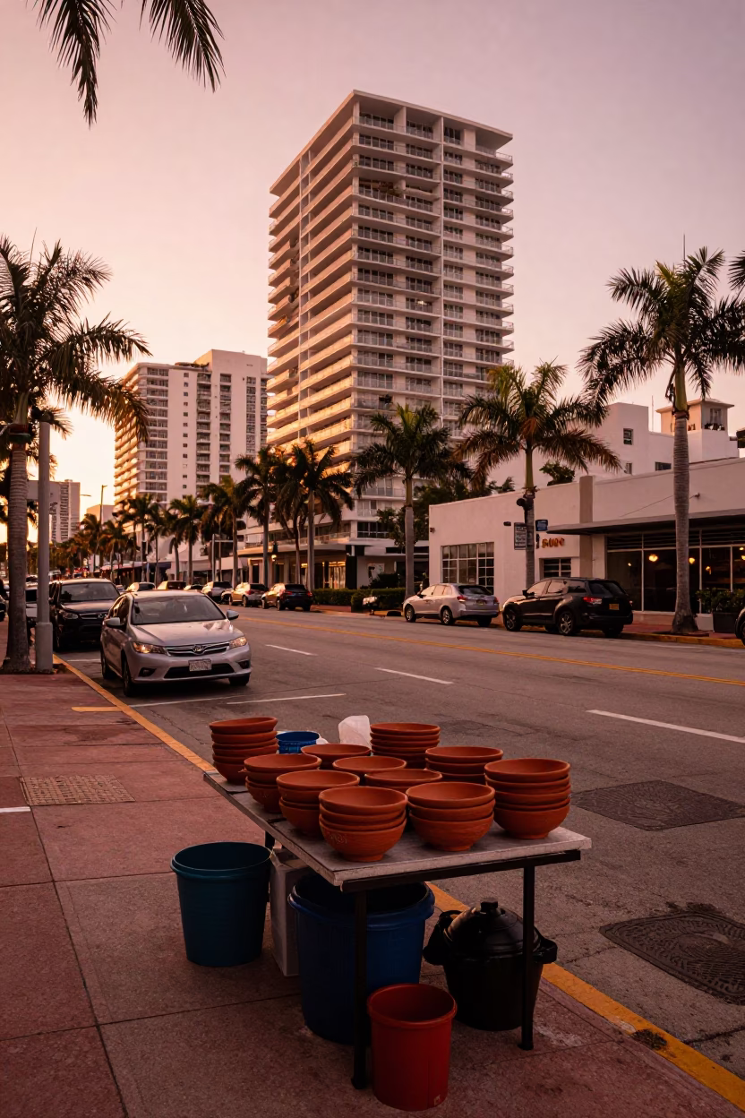Street Scene in Miami at Copper-toned Light Before Dusk in in Miami, Florida, United States