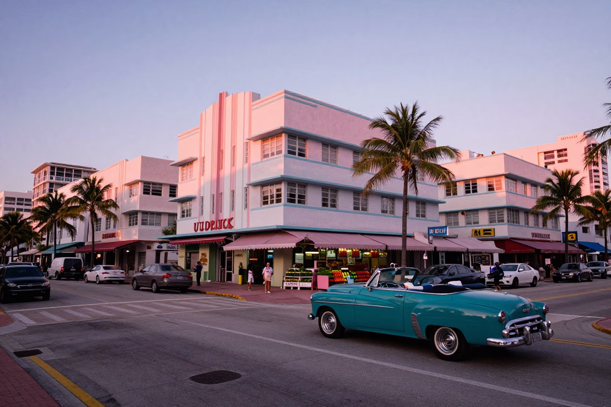 Street Scene in Miami at First Light Of Dawn in in Miami, Florida, United States