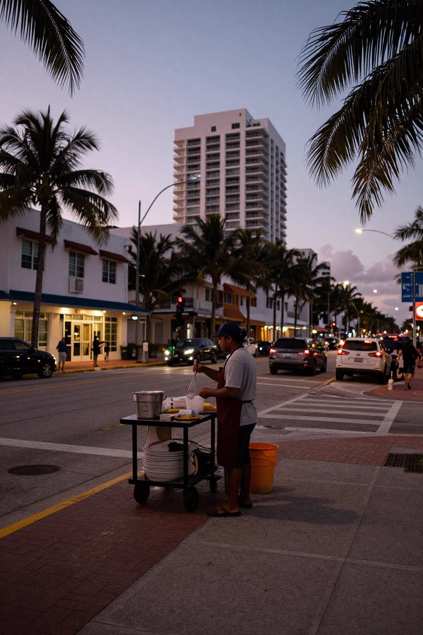 Street Scene in Miami at Nautical Dawn Light in in Miami, Florida, United States